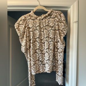 Dolan Brown and White Lace Blouse with Peter Pan Collar